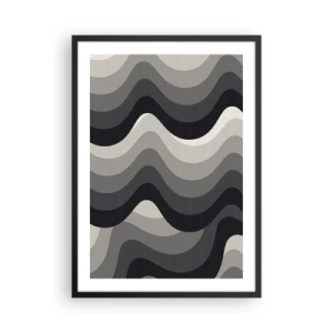 Plagát v čiernom ráme - Geometrické vlny v odtieňoch čiernej a sivej - 50x70cm - Vlna za vlnou - Moderná nástenná dekorácia do obývacej izby a spálne ARTTOR