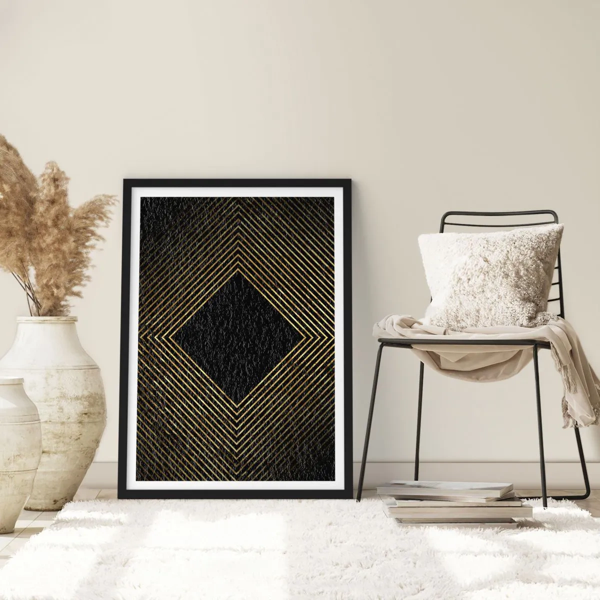 Plagát v čiernom ráme - Zlaté geometrické čiary na čiernom pozadí - 50x70cm - Geometria v štýle glamour - Moderná nástenná dekorácia do obývacej izby a spálne ARTTOR
