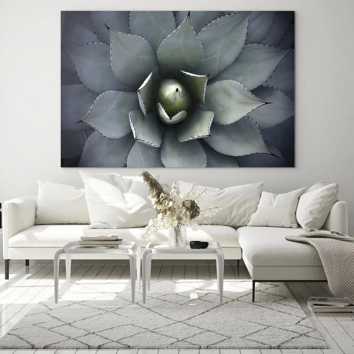 Obraz na skle - Detailný záber na symetrické, oceľovo sfarbené listy agáve. - 70x50cm - Zvádza a varuje - Moderná nástenná dekorácia do obývacej izby a spálne ARTTOR