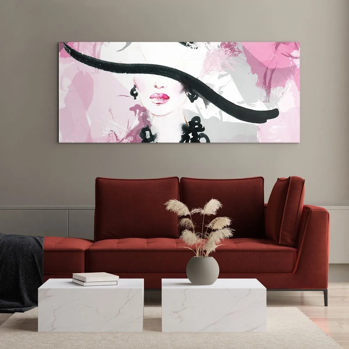 Obraz na skle - Portrét dámy v čiernej a ružovej - 100x40 cm
