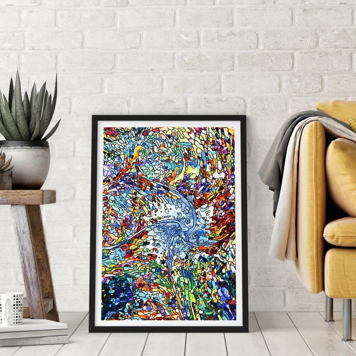 Plagát v čiernom ráme - Abstraktný tok farieb a štruktúr - 50x70cm - Vitráž s kvapkami - Moderná nástenná dekorácia do obývacej izby a spálne ARTTOR