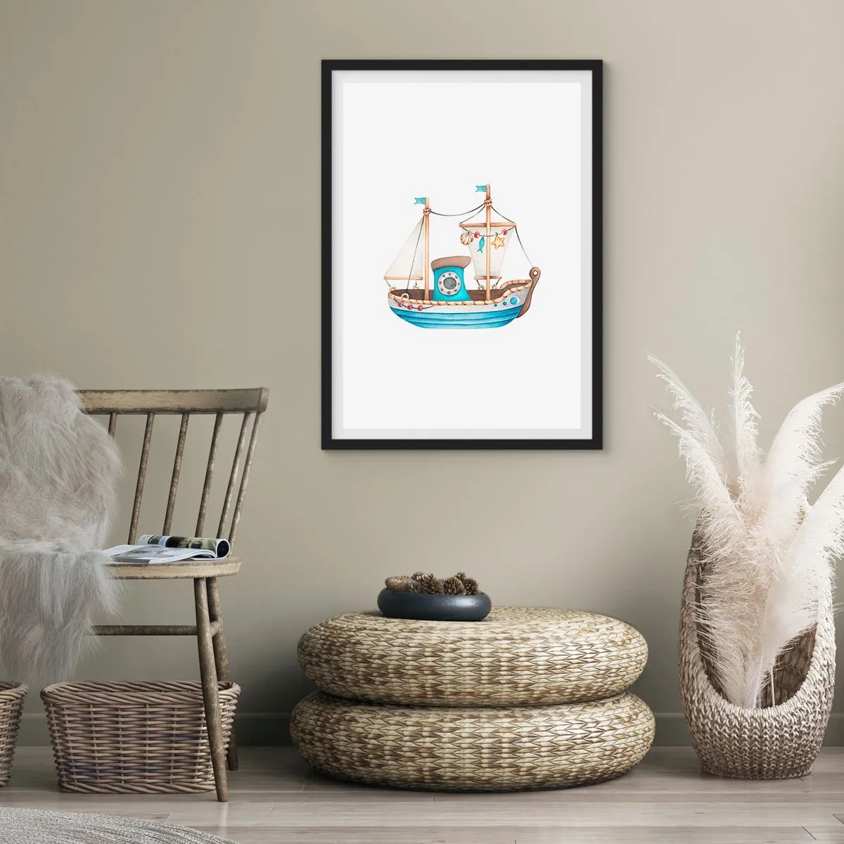 Plagát v čiernom ráme - Akvarelová loď v pastelových odtieňoch modrej a béžovej - 50x70cm - Ahoj, dobrodružstvo! - Moderná nástenná dekorácia do obývacej izby a spálne ARTTOR
