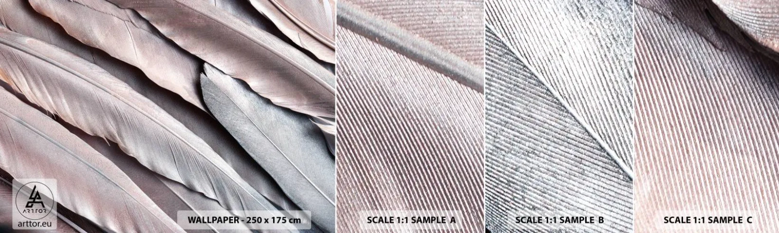 Vzorka samolepiacej fototapety Deluxe Sticker - V ružovej a striebornej - Vtáčie pierko, Grafika, Boho - 100x30 cm