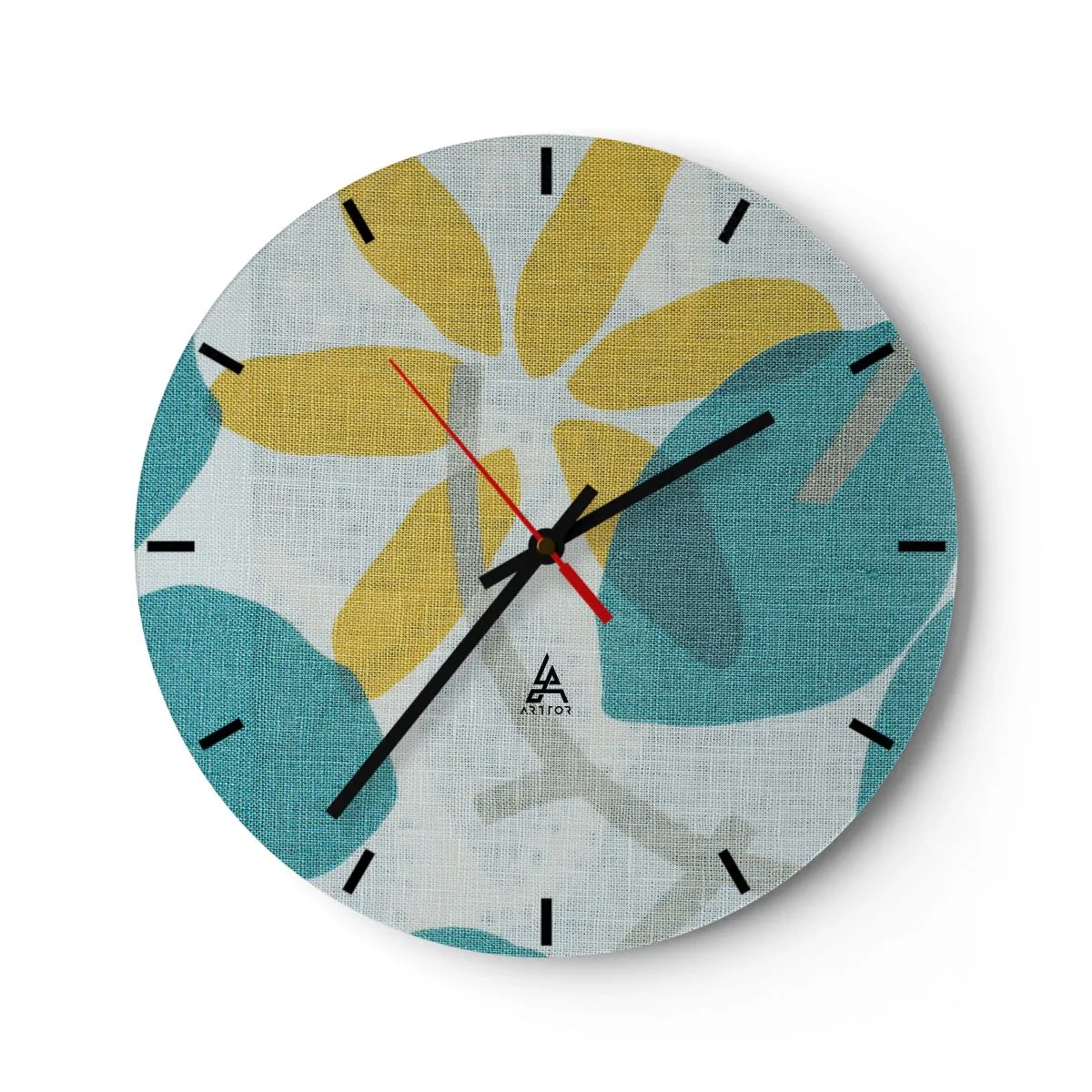 Nástenné hodiny - Žlté a tyrkysové listy na svetlom pozadí s ľanovou textúrou - 30x30cm - Medzi azúrovými listami - Moderná nástenná dekorácia do obývacej izby, kuchyne a spálne ARTTOR