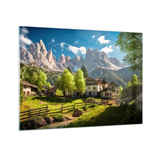 Obraz na skle - Rozvoj vidieka uprostred zelene na úpätí alpských štítov - 70x50cm - Alpská idyla - Moderná nástenná dekorácia do obývacej izby a spálne ARTTOR