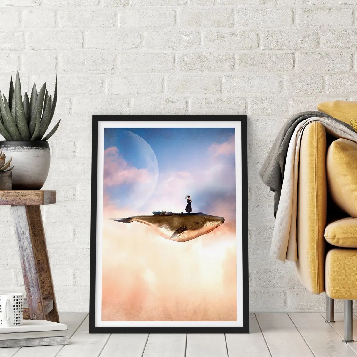 Plagát v čiernom ráme - Surrealistický obraz ženy jazdiacej na veľrybe medzi oblakmi. - 50x70cm - Surrealistická cesta - Moderná nástenná dekorácia do obývacej izby a spálne ARTTOR