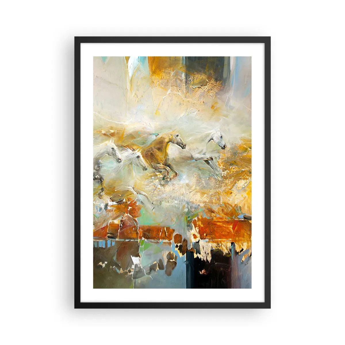Plagát v čiernom ráme - Cválajúce kone v abstraktnom prostredí - 50x70cm - Cvála svetlom - Moderná nástenná dekorácia do obývacej izby a spálne ARTTOR