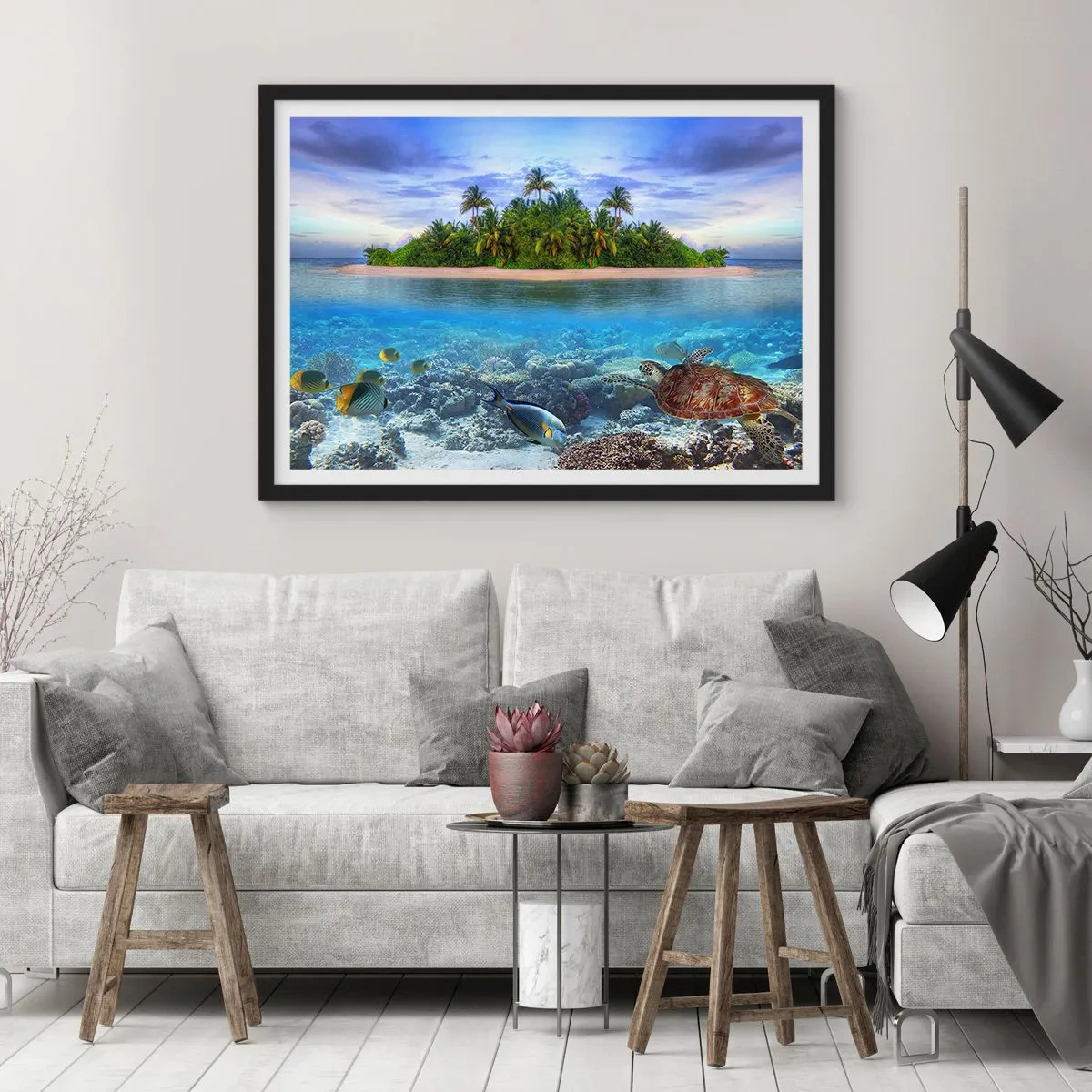 Plagát v čiernom ráme - Nebeský ostrov pozýva - 40x30 cm