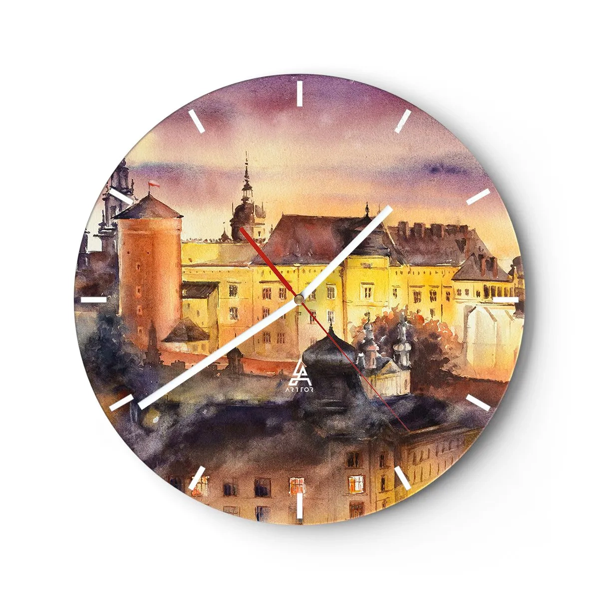 Nástenné hodiny - Hrad za súmraku v teplých akvarelových farbách - 30x30cm - Dejiny a rozprávka - Moderná nástenná dekorácia do obývacej izby, kuchyne a spálne ARTTOR