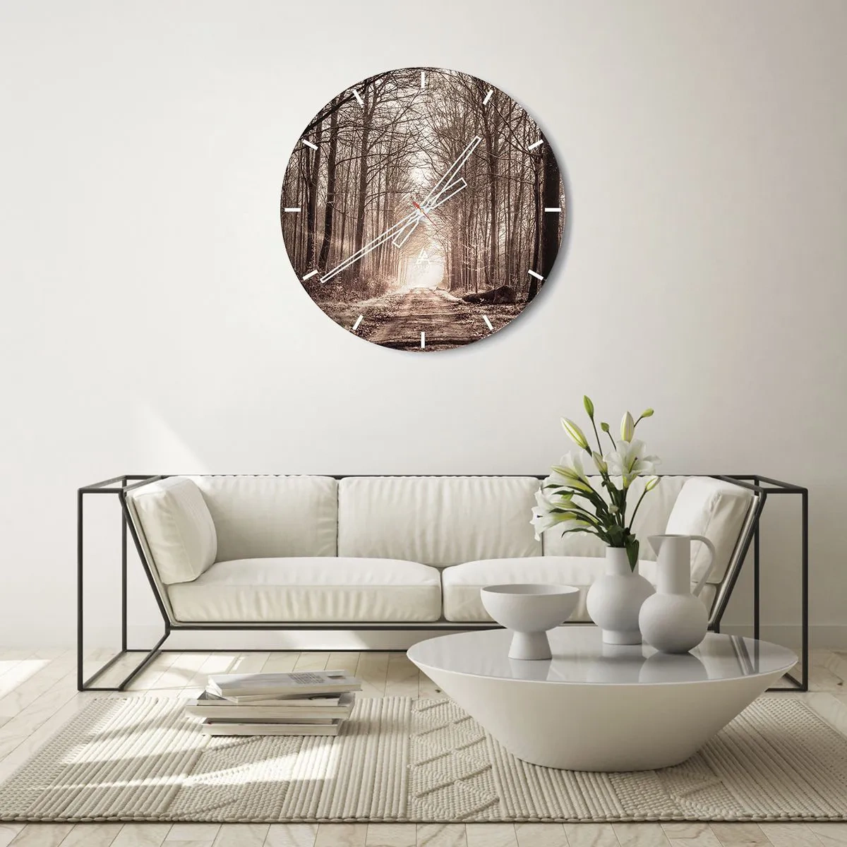 Nástenné hodiny - Alej stromov v jesennej scenérii s výhľadom do hlbín - 30x30cm - Lesná katedrála - Moderná nástenná dekorácia do obývacej izby, kuchyne a spálne ARTTOR