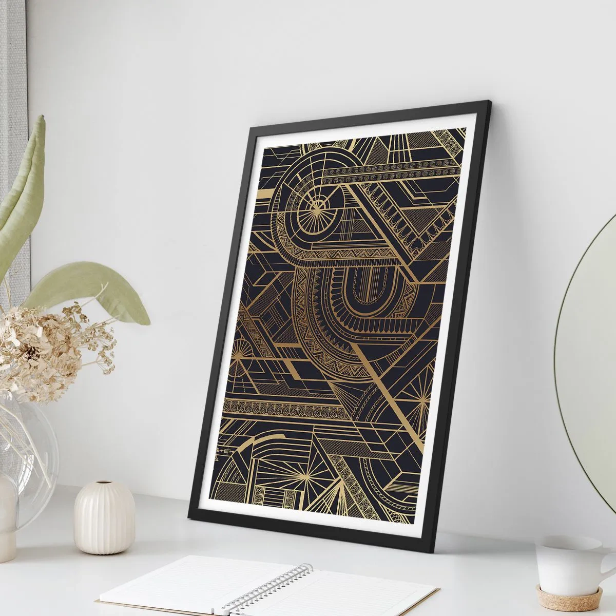 Plagát v čiernom ráme - Geometrický vzor v zlatých odtieňoch na čiernom pozadí - 50x70cm - Koncepty, nápady, plány - Moderná nástenná dekorácia do obývacej izby a spálne ARTTOR