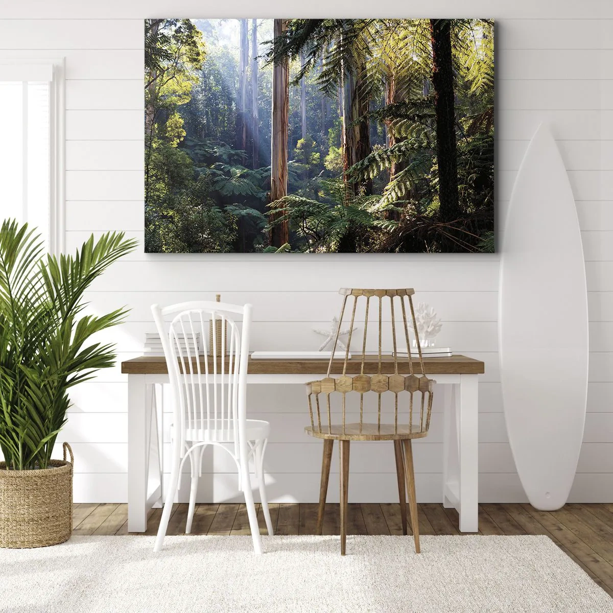 Obraz na plátne - Tropický les osvetlený slnečnými lúčmi - 70x50cm - Poviedka lesa - Moderná nástenná dekorácia do obývacej izby a spálne ARTTOR