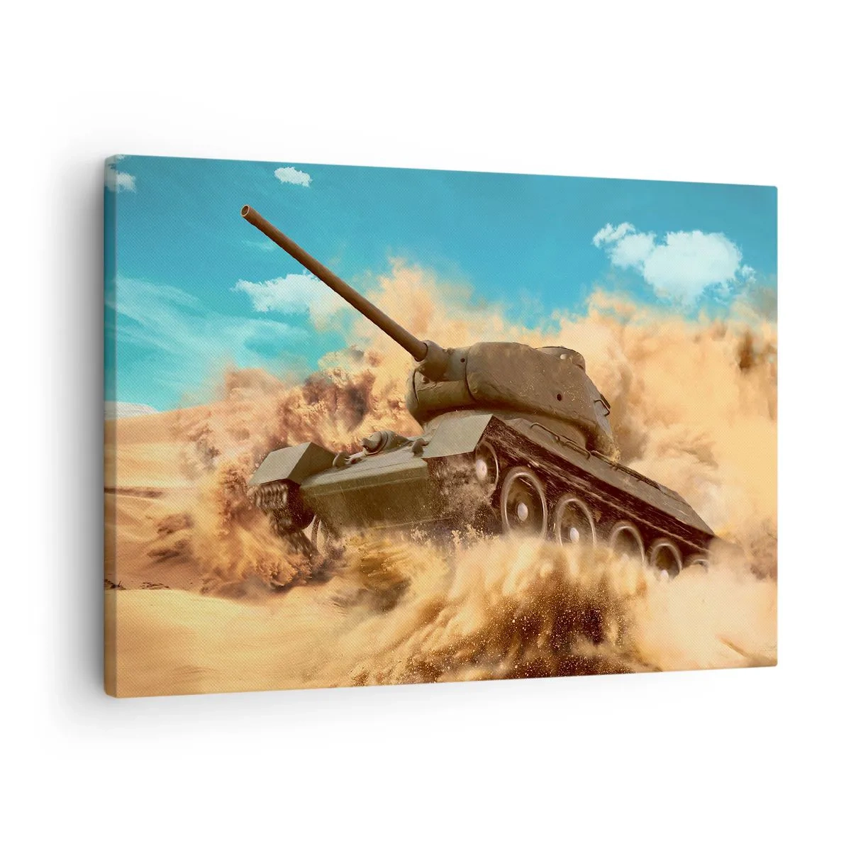 Obraz na plátne - Tank v akcii v púšti, obklopený piesočným prachom. - 70x50cm - Nedá sa poraziť - Moderná nástenná dekorácia do obývacej izby a spálne ARTTOR
