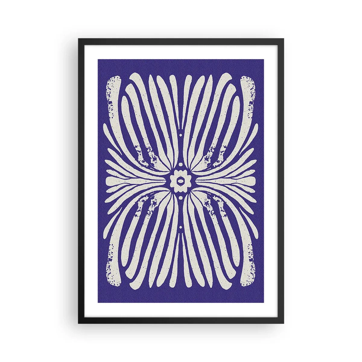 Plagát v čiernom ráme - Symetrický retro kvetinový vzor na námorníckom modrom pozadí - 50x70cm - Etnické inšpirácie - Moderná nástenná dekorácia do obývacej izby a spálne ARTTOR