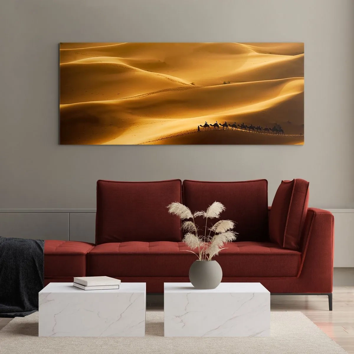 Obraz na skle - Karavána na vlnách púšte - 90x30 cm