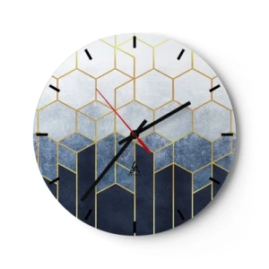 Nástenné hodiny - Geometrický vzor kocky v odtieňoch modrej a zlatej - 30x30cm - Kompozícia v synkopickom rytme - Moderná nástenná dekorácia do obývacej izby, kuchyne a spálne ARTTOR