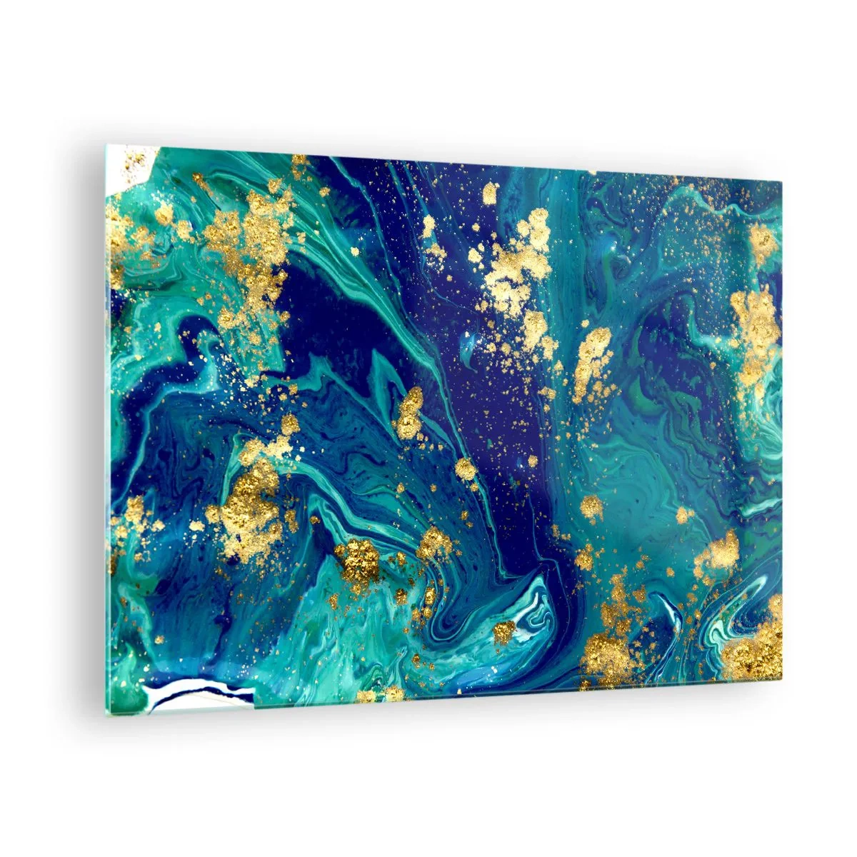 Obraz na skle - Abstraktný vzor v odtieňoch tyrkysovej a tmavomodrej so zlatými akcentmi - 70x50cm - Plátky slnka - Moderná nástenná dekorácia do obývacej izby a spálne ARTTOR