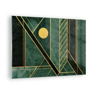 Obraz na skle - Zelená a zlatá geometrická abstrakcia v štýle Art Deco - 70x50cm - Dynamika zlata a lazuritu - Moderná nástenná dekorácia do obývacej izby a spálne ARTTOR