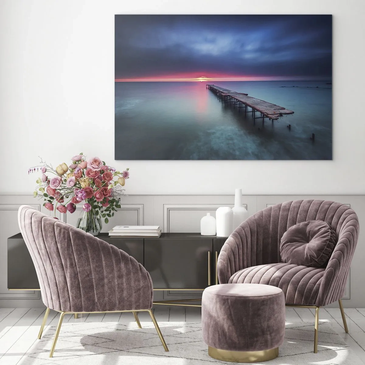 Obraz na skle - Mólo vedúce k zapadajúcemu slnku - 70x50cm - Medzi nebom a zemou - Moderná nástenná dekorácia do obývacej izby a spálne ARTTOR