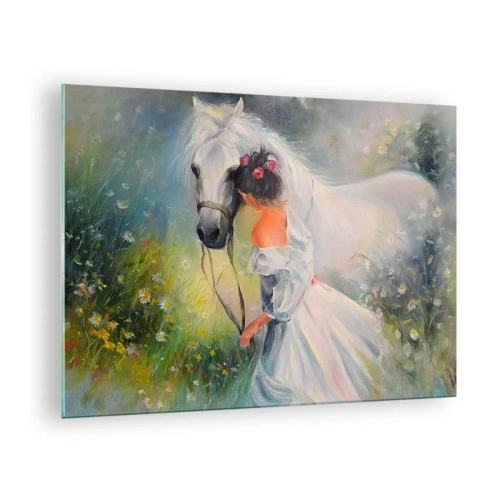 Obraz na skle - Žena v bielych šatách s bielym koňom na lúke plnej kvetov. - 70x50cm - Ako z krásneho sna - Moderná nástenná dekorácia do obývacej izby a spálne ARTTOR