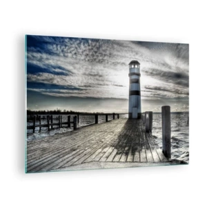 Obraz na skle - Maják na pozadí dramatickej oblohy - 70x50cm - Námorníci, čakám na vás - Moderná nástenná dekorácia do obývacej izby a spálne ARTTOR