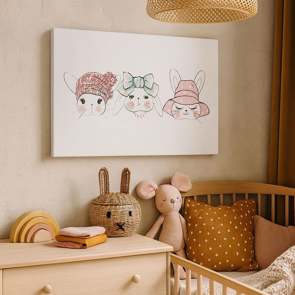 Obraz na plátne - Rozkošné zajačiky v pastelových pokrývkach hlavy - 70x50cm - Zamyslená, smutná, spokojná - Moderná nástenná dekorácia do obývacej izby a spálne ARTTOR