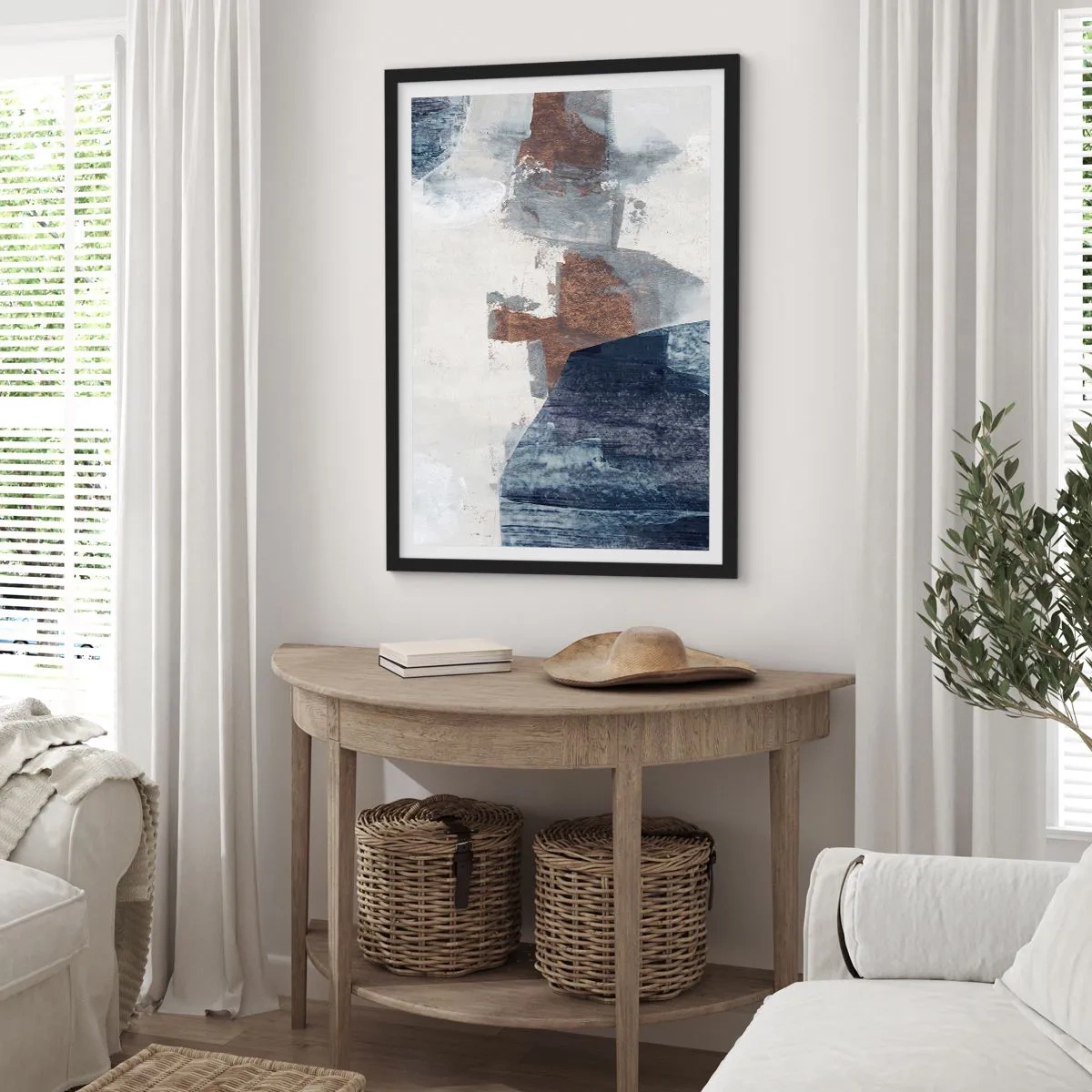 Plagát v čiernom ráme - Moderná abstrakcia v odtieňoch hnedej a námorníckej modrej - 50x70cm - Modro-hnedé tvary - Moderná nástenná dekorácia do obývacej izby a spálne ARTTOR