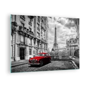 Obraz na skle - Červené auto pred Eiffelovou vežou v čiernobielom Paríži - 70x50cm - Dravec v meste - Moderná nástenná dekorácia do obývacej izby a spálne ARTTOR