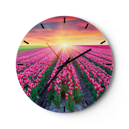 Nástenné hodiny - Pole červených tulipánov pri západe slnka - 30x30cm - Farma krásy - Moderná nástenná dekorácia do obývacej izby, kuchyne a spálne ARTTOR