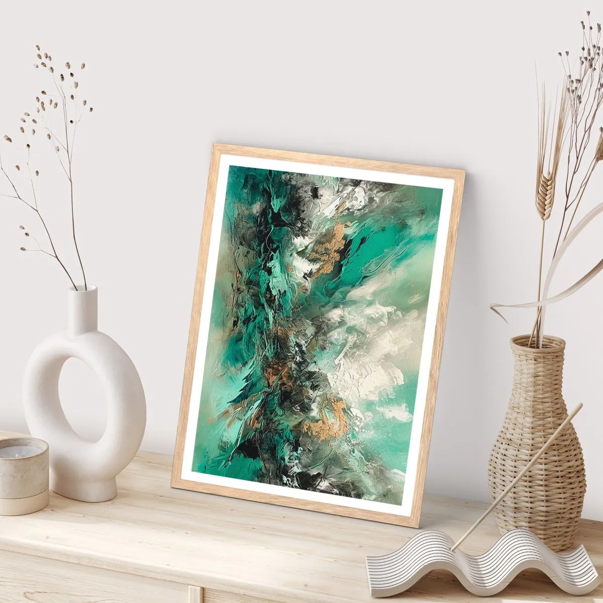 Plagát v ráme zo svetlého duba - Smaragdovočierne vlnobitie - 30x40 cm