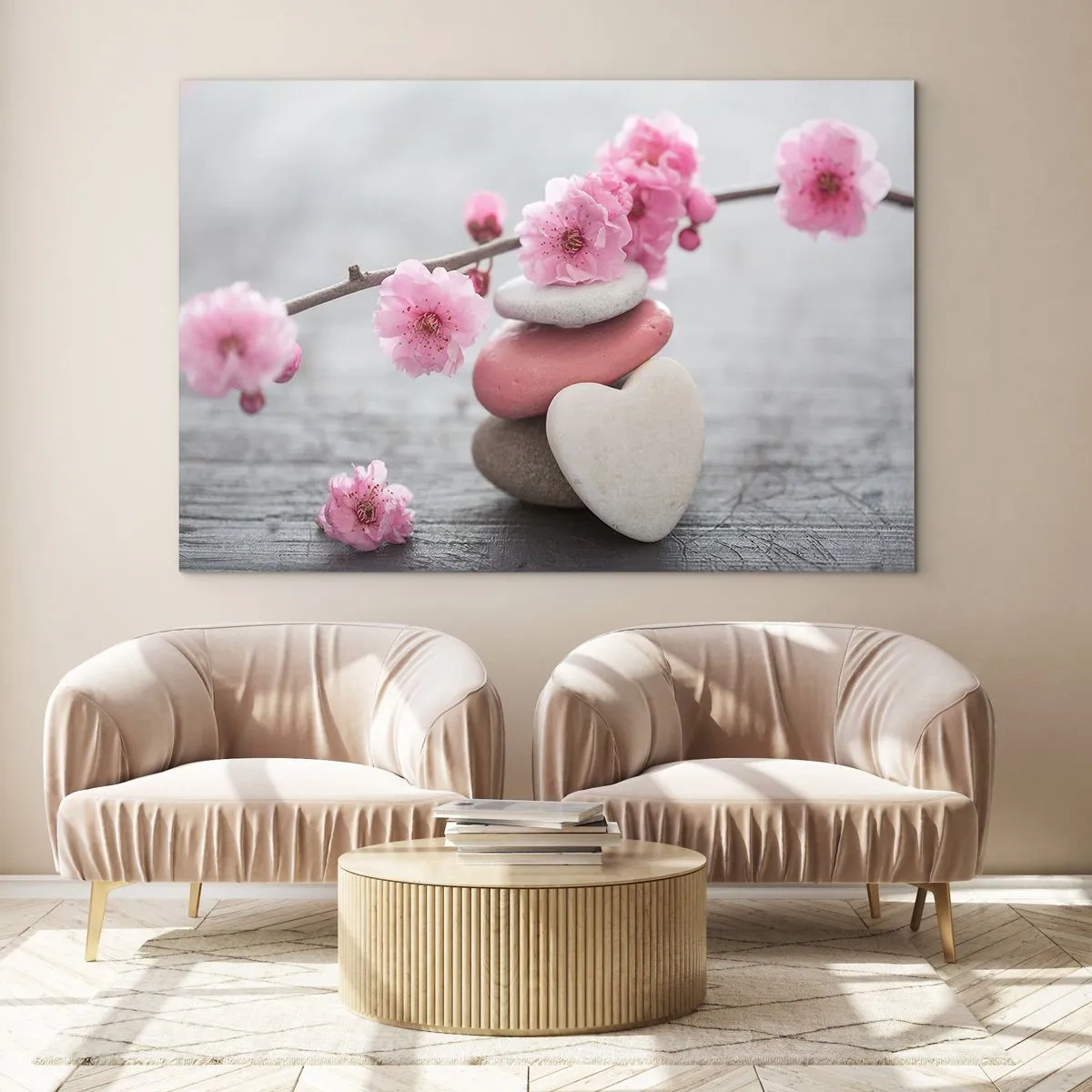 Obraz na skle - Ružové čerešňové kvety a kamene v tvare srdca - 70x50cm - Blaženosť s višňovým kvetom - Moderná nástenná dekorácia do obývacej izby a spálne ARTTOR