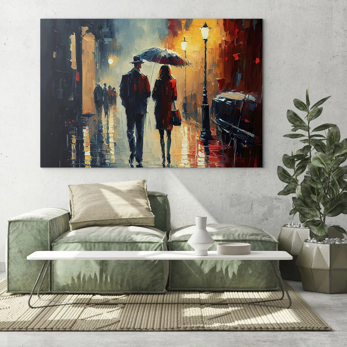 Obraz na skle - Pár s dáždnikom kráča v noci po mokrej ulici. - 70x50cm - Mestská love story - Moderná nástenná dekorácia do obývacej izby a spálne ARTTOR