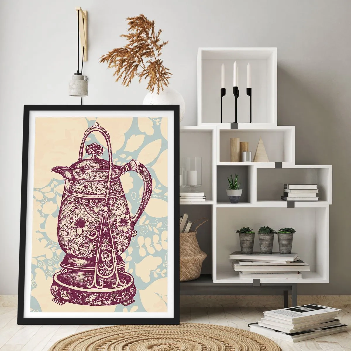Plagát v čiernom ráme - Zdobený vintage džbán na dekoratívnom pozadí - 50x70cm - Krása všedného dňa - Moderná nástenná dekorácia do obývacej izby a spálne ARTTOR