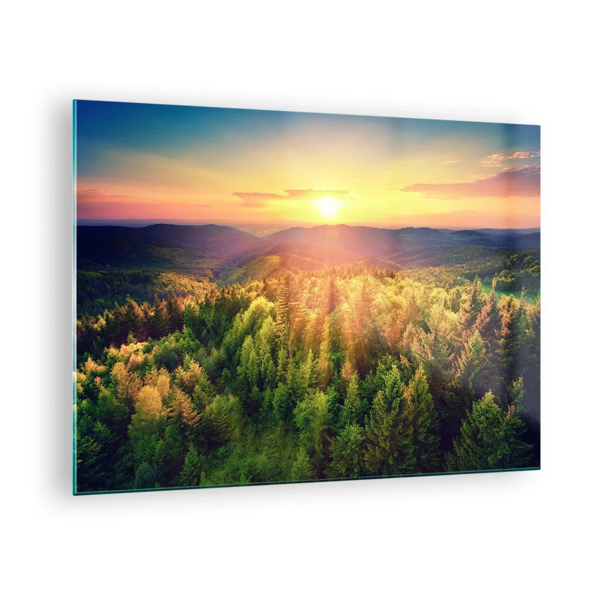 Obraz na skle - Západ slnka nad horským lesom s výhľadom na údolia - 70x50cm - Vrcholky a vrcholy - Moderná nástenná dekorácia do obývacej izby a spálne ARTTOR