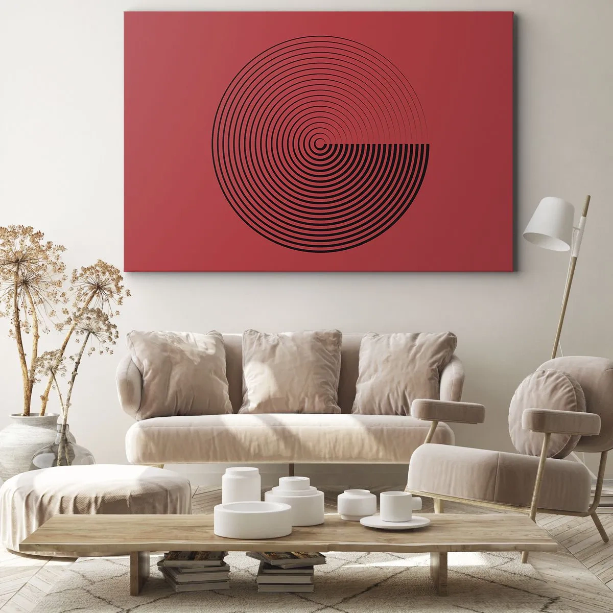 Obraz na plátne - Sústredné kruhy na červenom pozadí - 70x50cm - Kruhový pohyb - Moderná nástenná dekorácia do obývacej izby a spálne ARTTOR