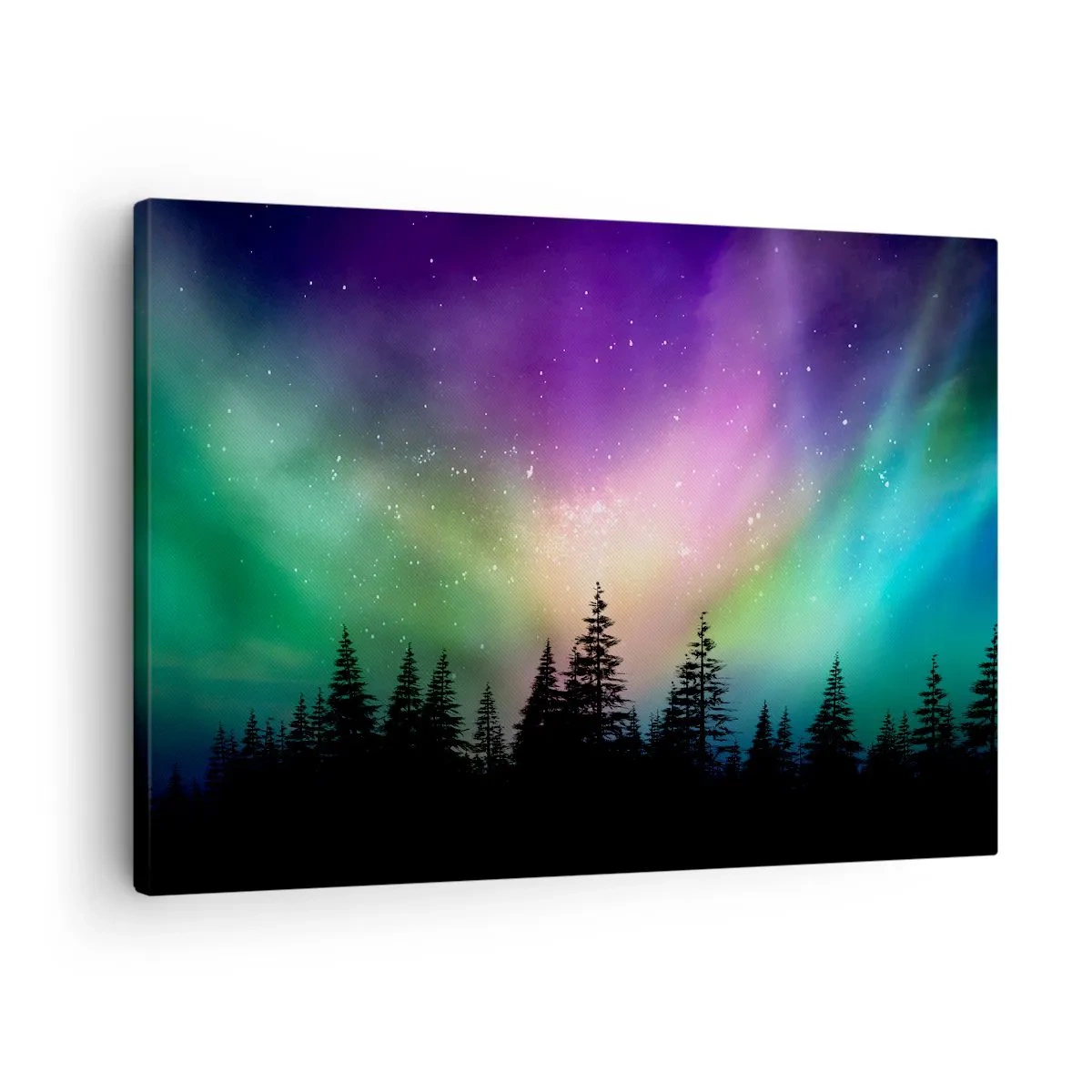 Obraz na plátne - Polárna žiara nad lesom s hviezdnou oblohou - 70x50cm - Biela mágia - Moderná nástenná dekorácia do obývacej izby a spálne ARTTOR