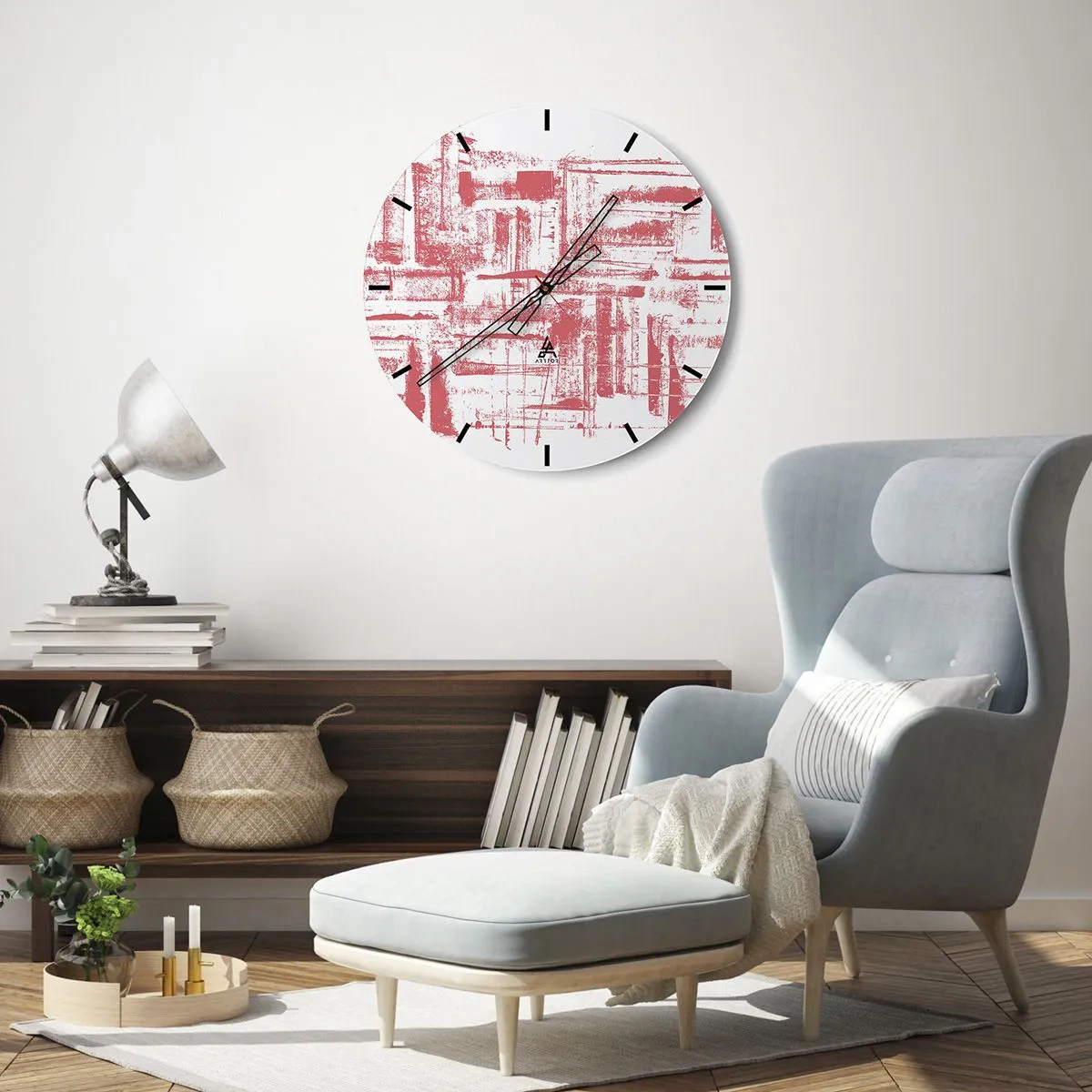 Nástenné hodiny - Grafické, abstraktné symboly a textúry v odtieňoch béžovej a čiernej - 30x30cm - Červené mesto - Moderná nástenná dekorácia do obývacej izby, kuchyne a spálne ARTTOR