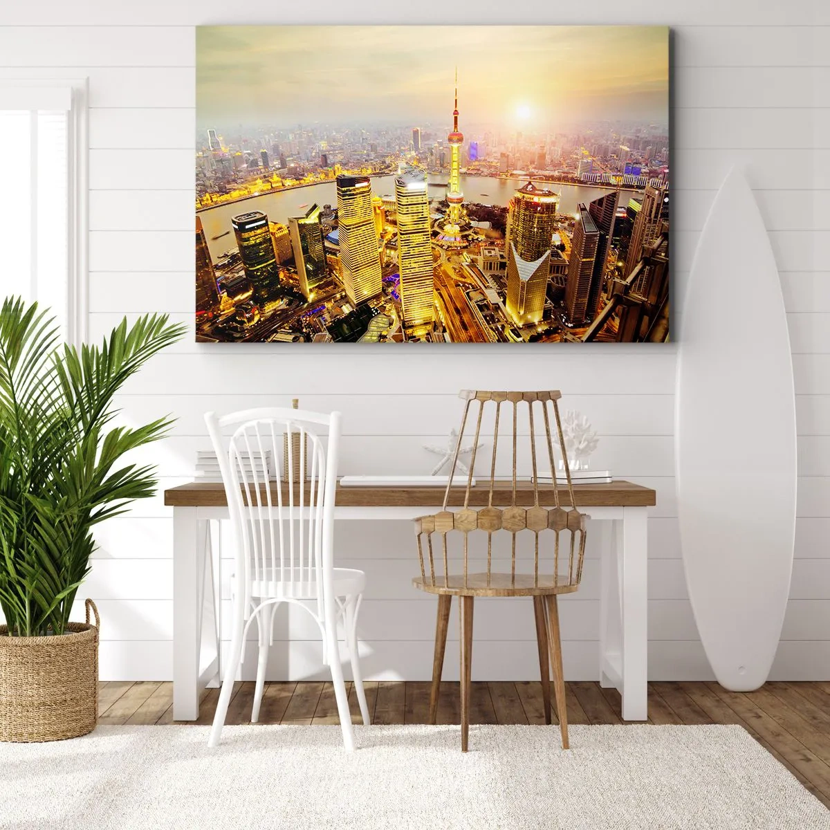 Obraz na plátne - Panoráma mesta s mrakodrapmi pri západe slnka - 70x50cm - Ázijský sen - Moderná nástenná dekorácia do obývacej izby a spálne ARTTOR