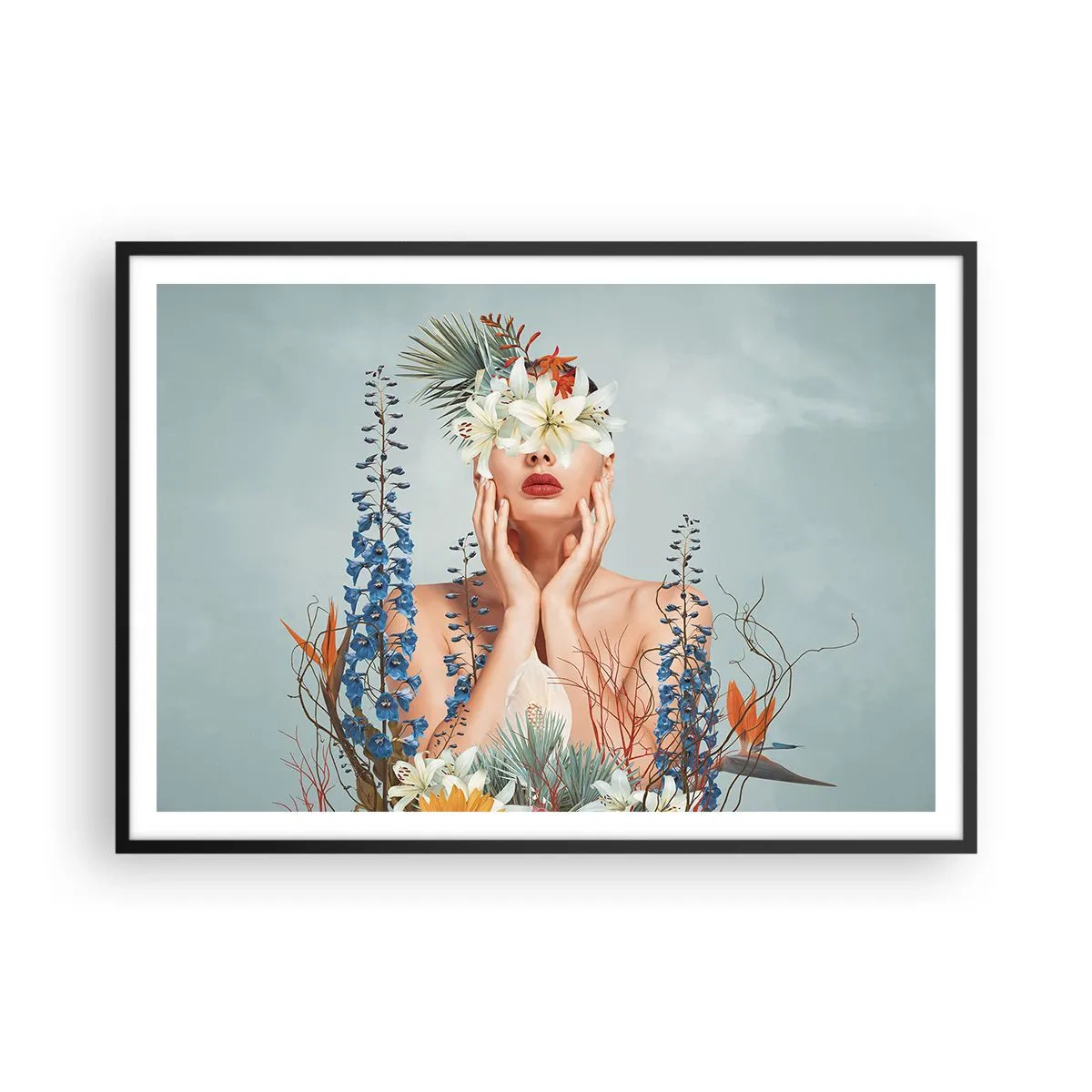 Plagát v čiernom ráme - Žena – kvetina - 100x70 cm