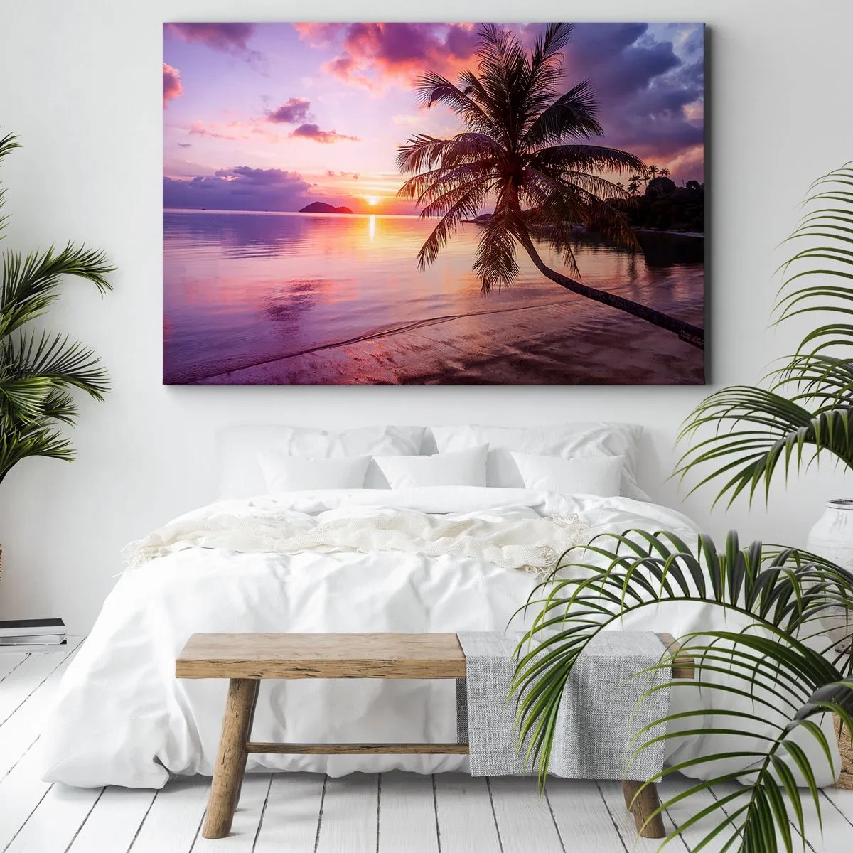 Obraz na plátne - Tropická pláž s palmou pri západe slnka - 70x50cm - Blahobyt až po okraj - Moderná nástenná dekorácia do obývacej izby a spálne ARTTOR
