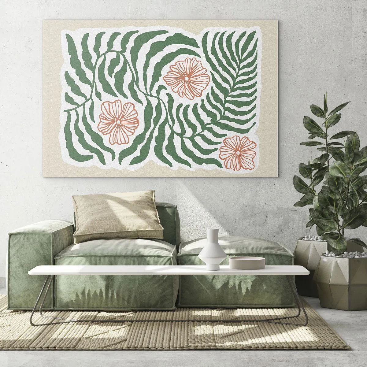 Obraz na skle - Zelené listy a červené kvety v grafickom aranžmáne - 70x50cm - Rozkvitnuté v zeleni - Moderná nástenná dekorácia do obývacej izby a spálne ARTTOR