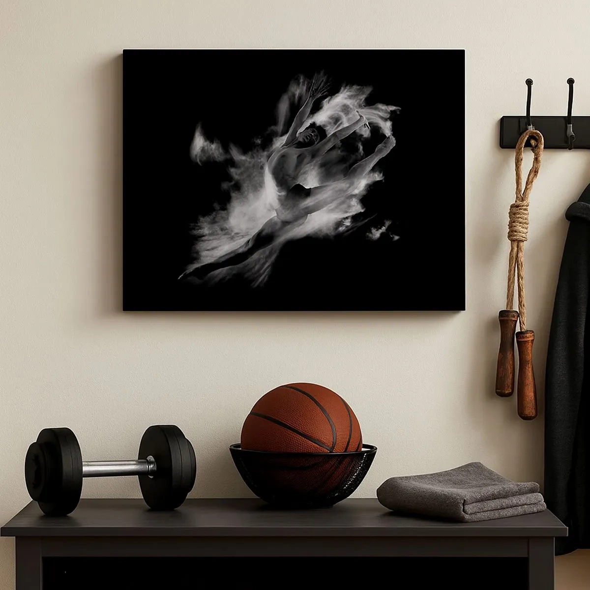 Obraz na plátne - Tanečník v dynamickej póze na čiernom pozadí - 70x50cm - Zastavený za letu - Moderná nástenná dekorácia do obývacej izby a spálne ARTTOR