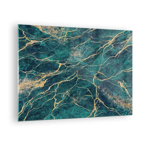 Obraz na skle - Mramorovaný kameň so zlatými žilami, tyrkysovými a zelenými odtieňmi - 70x50cm - Zlatá žila - Moderná nástenná dekorácia do obývacej izby a spálne ARTTOR