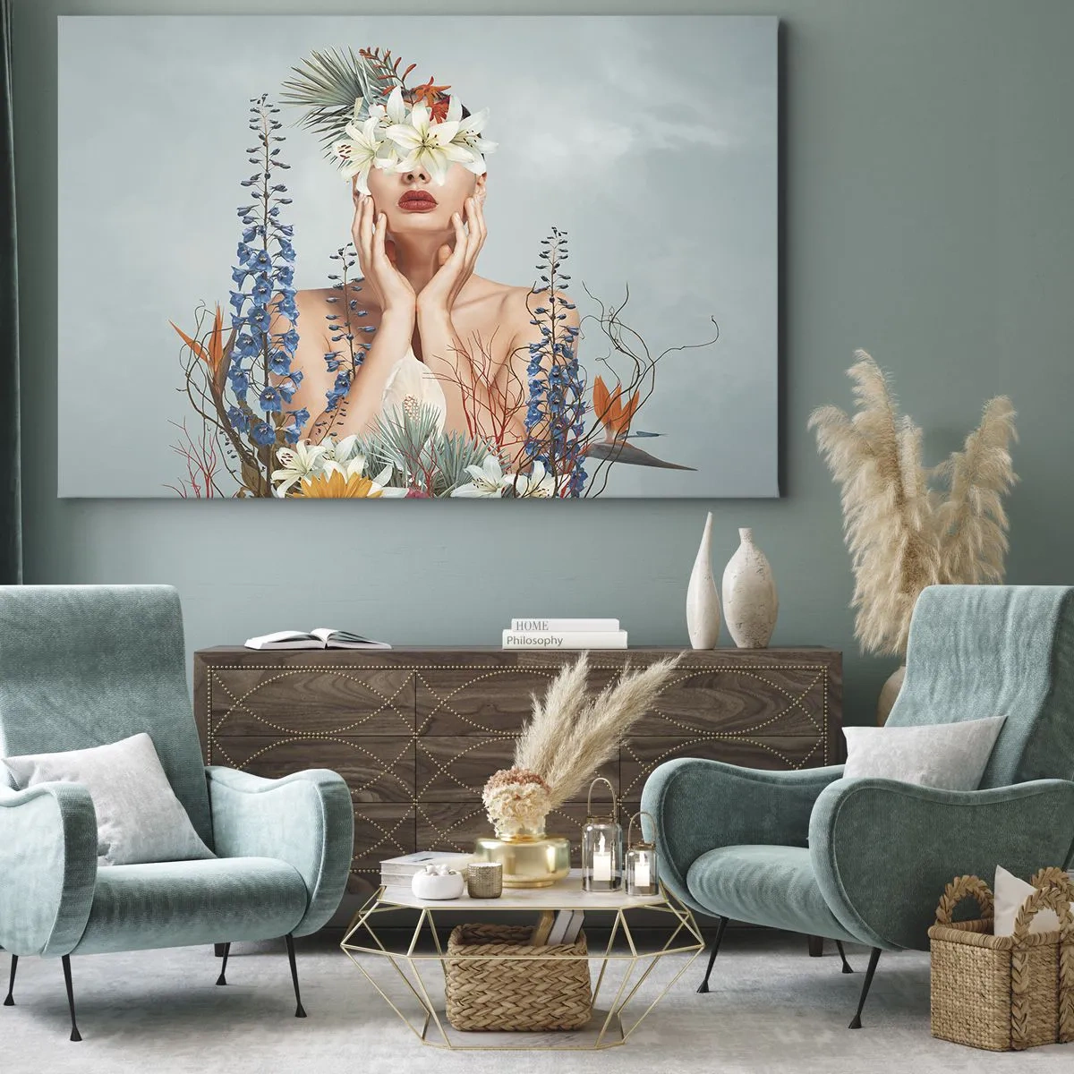 Obraz na plátne - Portrét ženy s kvetinovým motívom na modrom pozadí - 70x50cm - Žena – kvetina - Moderná nástenná dekorácia do obývacej izby a spálne ARTTOR