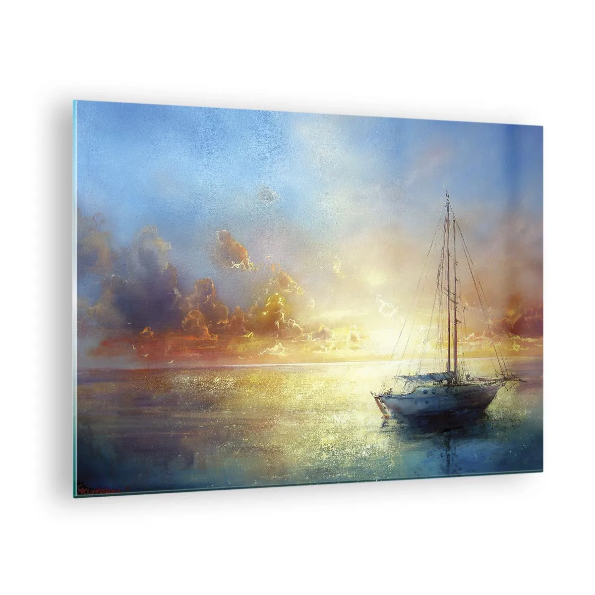 Obraz na skle - Plachetnica na pokojnom mori pri zlatom západe slnka - 70x50cm - V zlatom zálive - Moderná nástenná dekorácia do obývacej izby a spálne ARTTOR