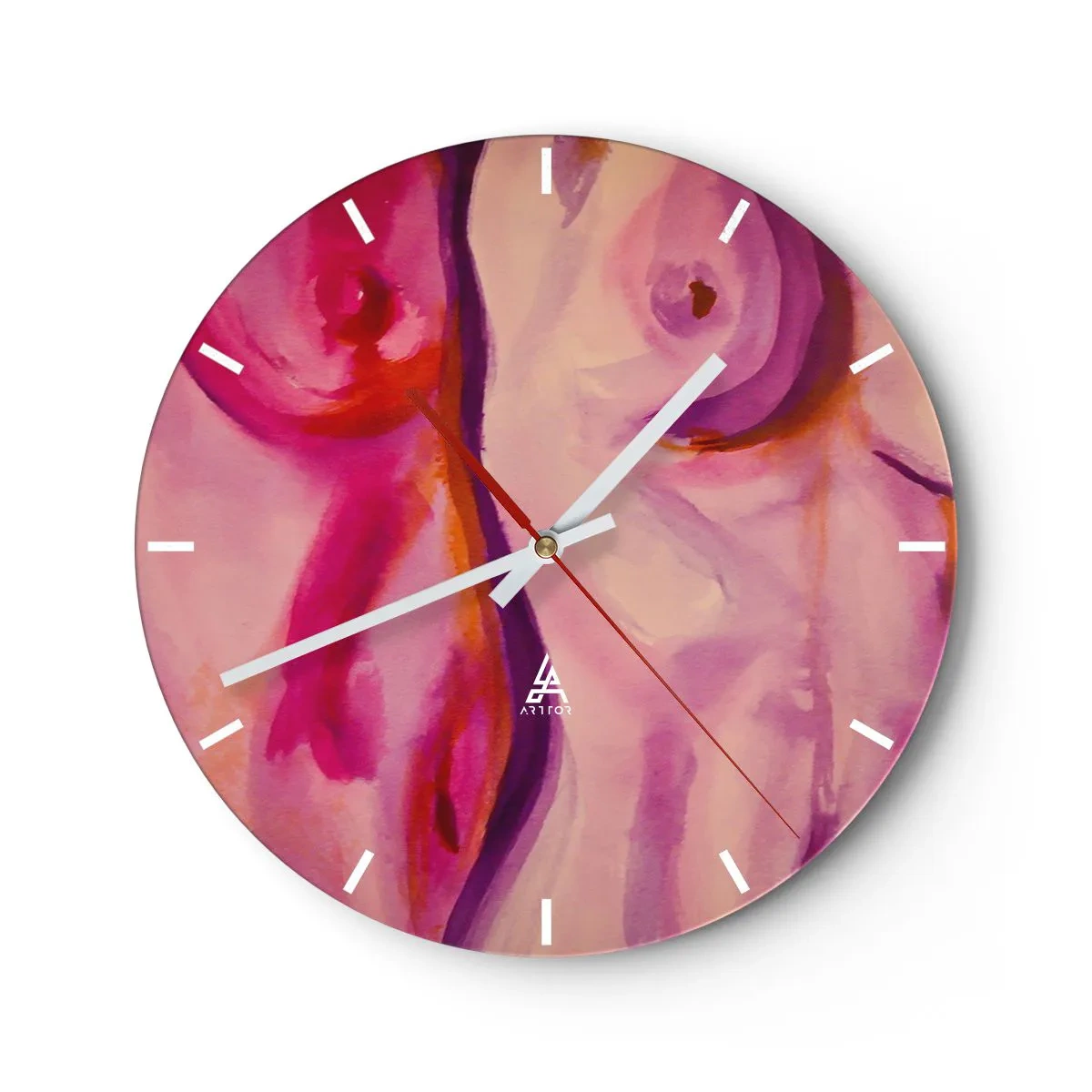 Nástenné hodiny - Umelecké abstraktné tvary v odtieňoch ružovej a červenej - 30x30cm - Óda na ženskosť - Moderná nástenná dekorácia do obývacej izby, kuchyne a spálne ARTTOR