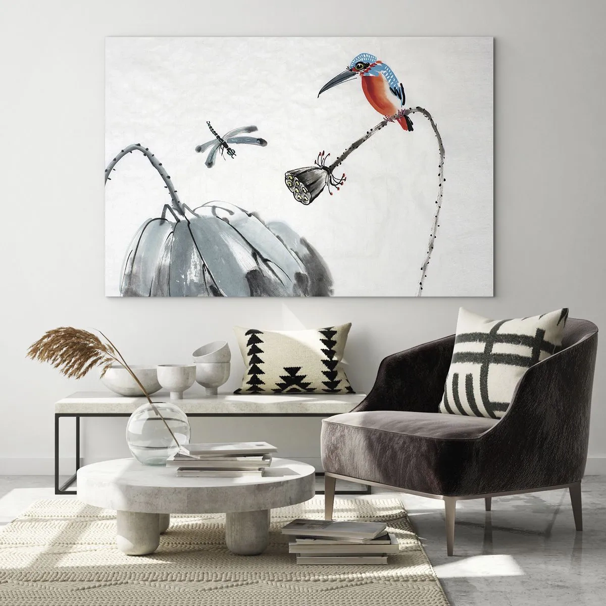 Obraz na skle - Ilustrácia farebného vtáka a vážky na pozadí vegetácie - 70x50cm - Život lúky - Moderná nástenná dekorácia do obývacej izby a spálne ARTTOR