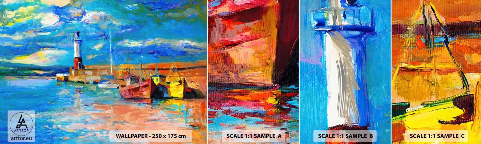 Vzorka samolepiacej fototapety Deluxe Sticker - Popoludní v dúhovom zálive - Rybársky prístav, Rybarska lod, Maják - 100x30 cm