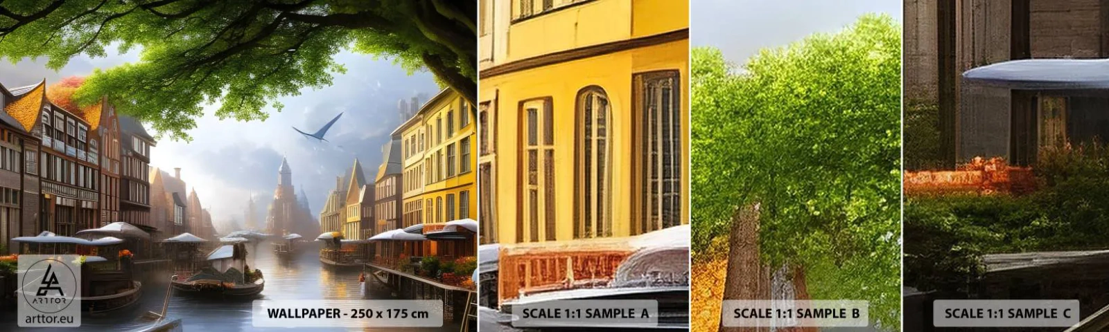 Vzorka Fototapeta Standard Eco - Holandská mestská krajinka - Staré Mesto, Lode, Kanál - 100x30 cm