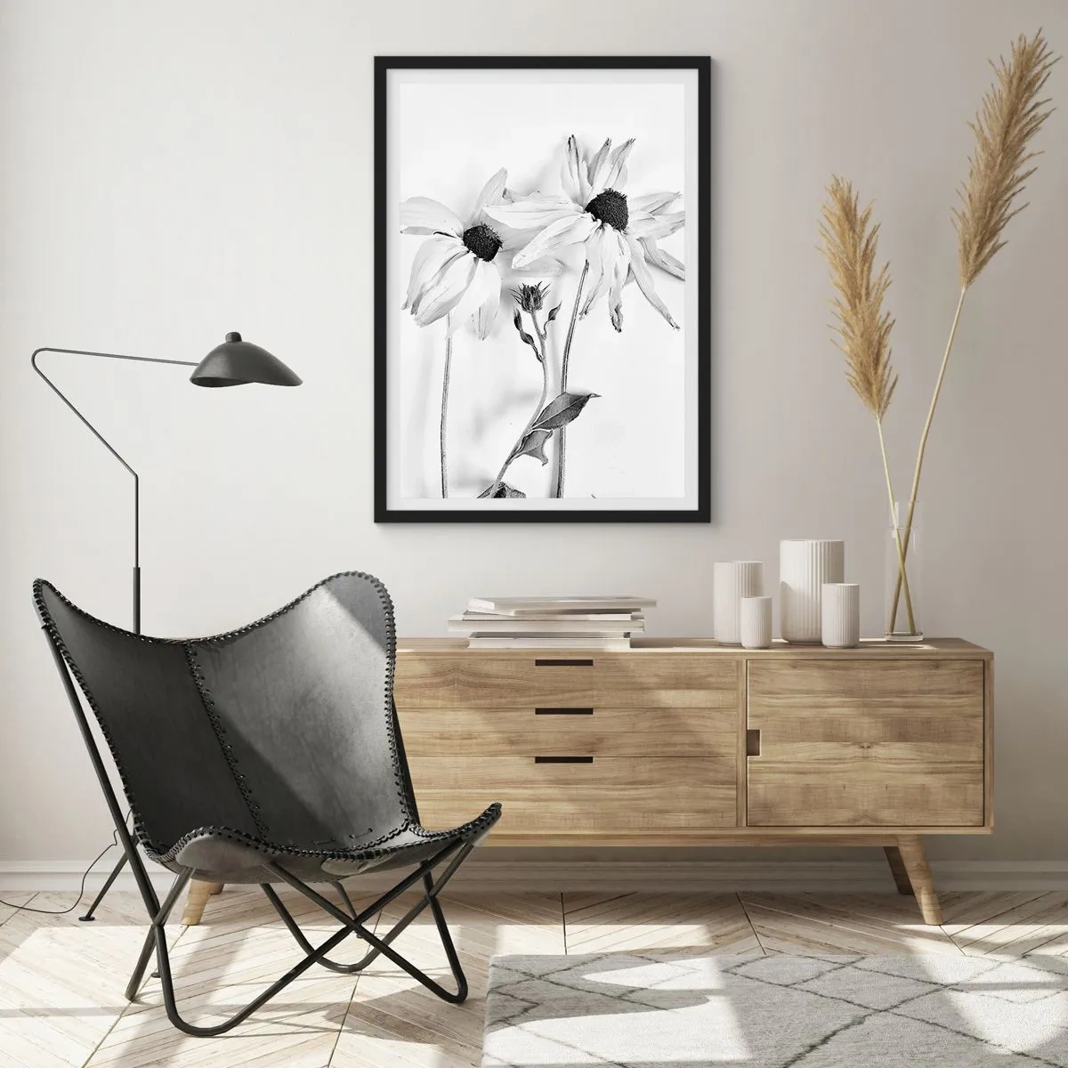 Plagát v čiernom ráme - Čiernobiele kvety v minimalistickom štýle na svetlom pozadí - 50x70cm - Nikto nechce byť sám - Moderná nástenná dekorácia do obývacej izby a spálne ARTTOR